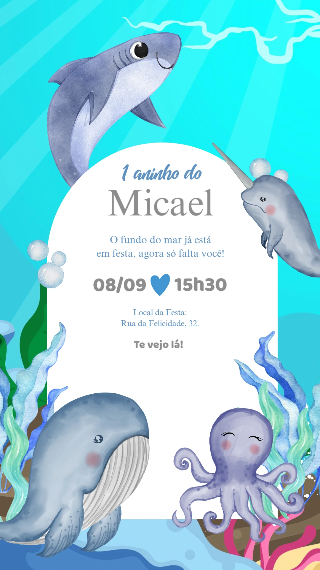 Convite Aniversário Fundo do Mar com Animais para Editar