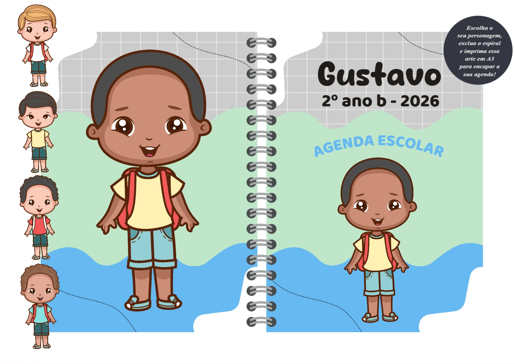 Capa de Agenda Escolar Menino com Personagens para Editar Online
