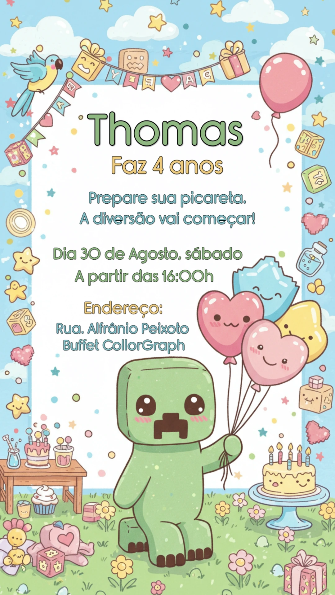 Convite de Aniversário Minecraft Fofo para Editar Online