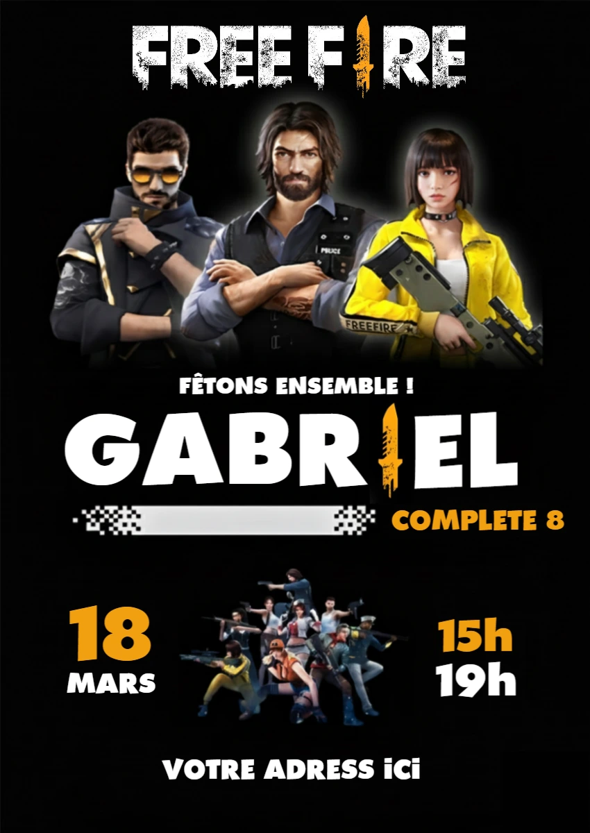 Invitation anniversaire Free Fire modèle numérique à modifier