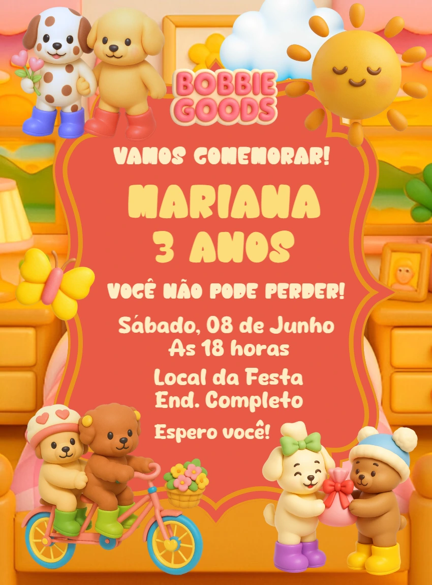 Convite de Aniversário Infantil Bobbie Goods Editável Online