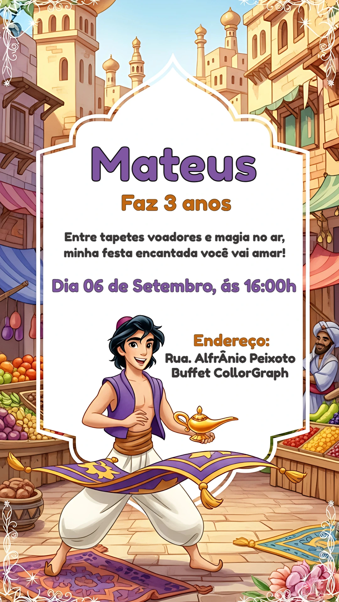 Convite Aniversário Aladdim e Tapete Mágico Editável Online