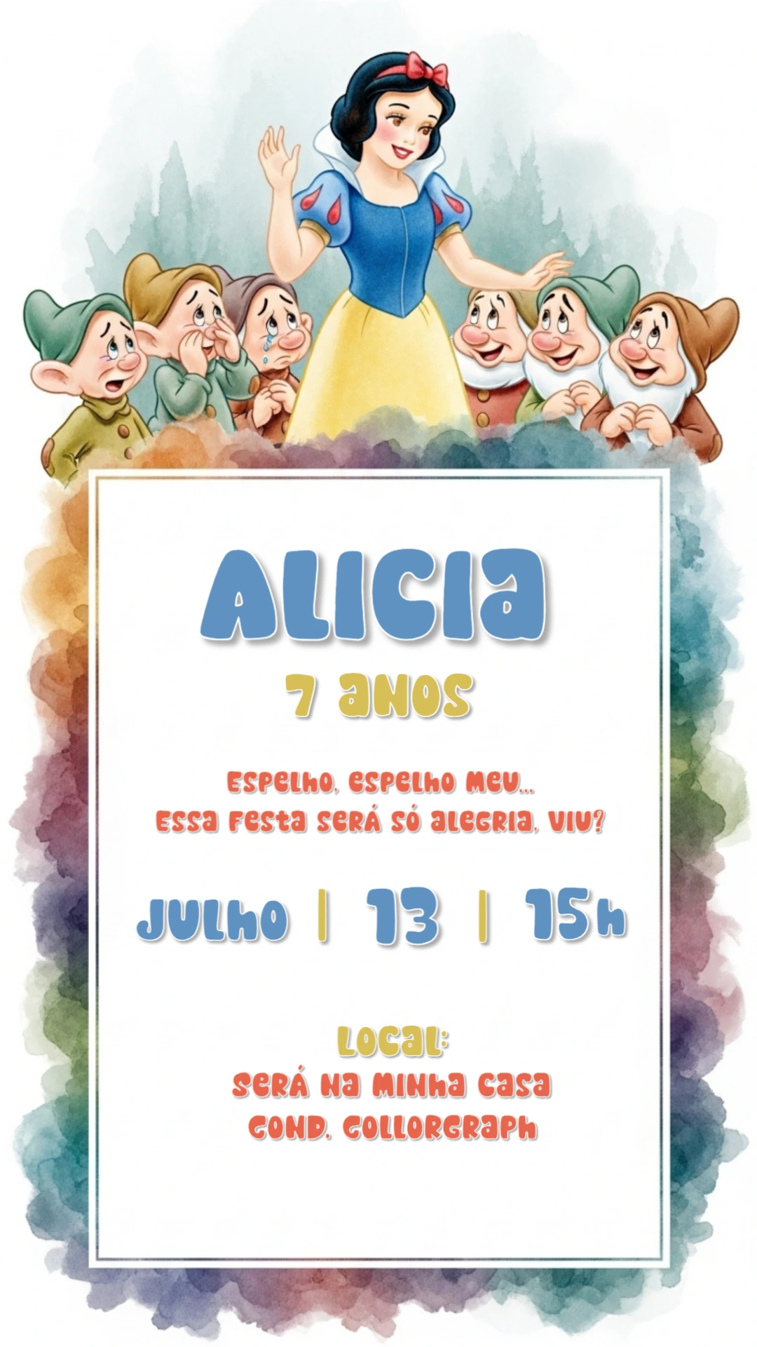 Convite Aniversário Branca de Neve com Sete Anões para Editar