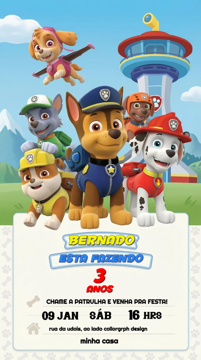 Convite Animado Patrulha Canina para Aniversário Infantil Editável