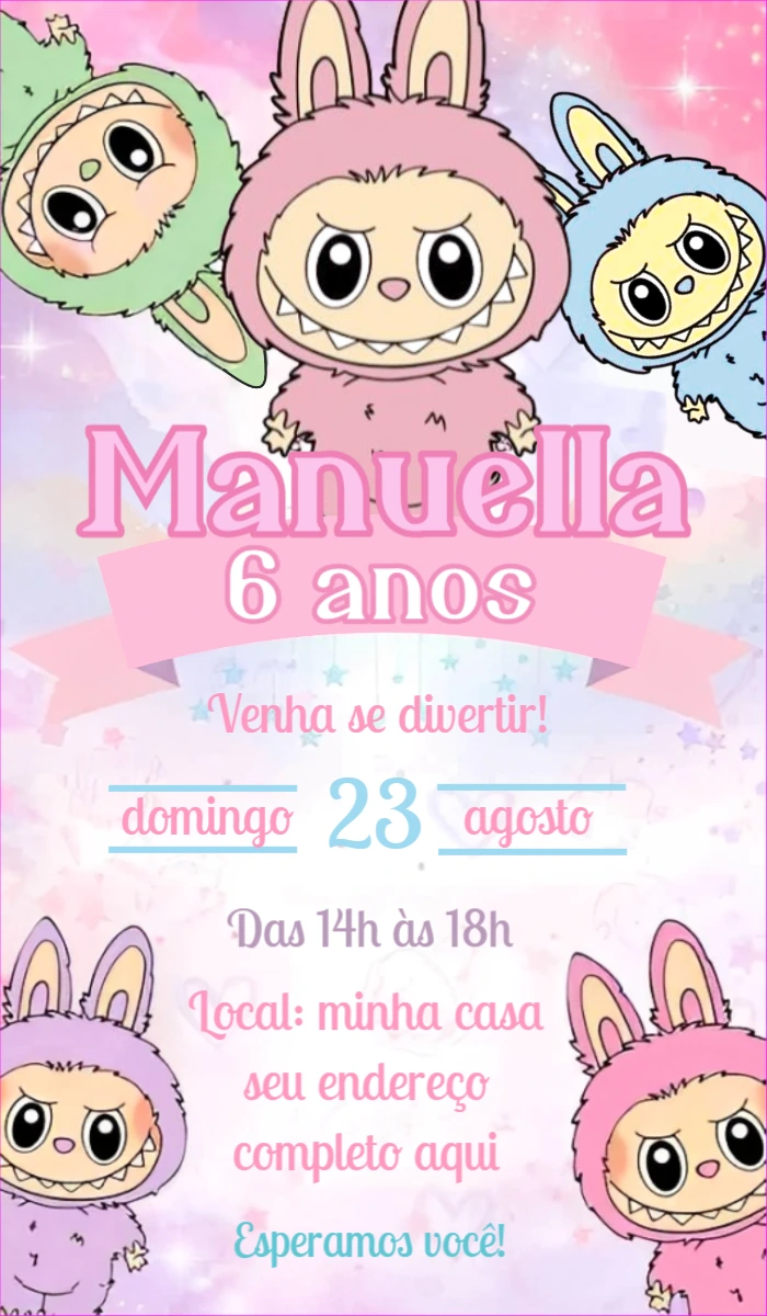 Convite Aniversário Labubu com Monstrinhos Fofos para Editar