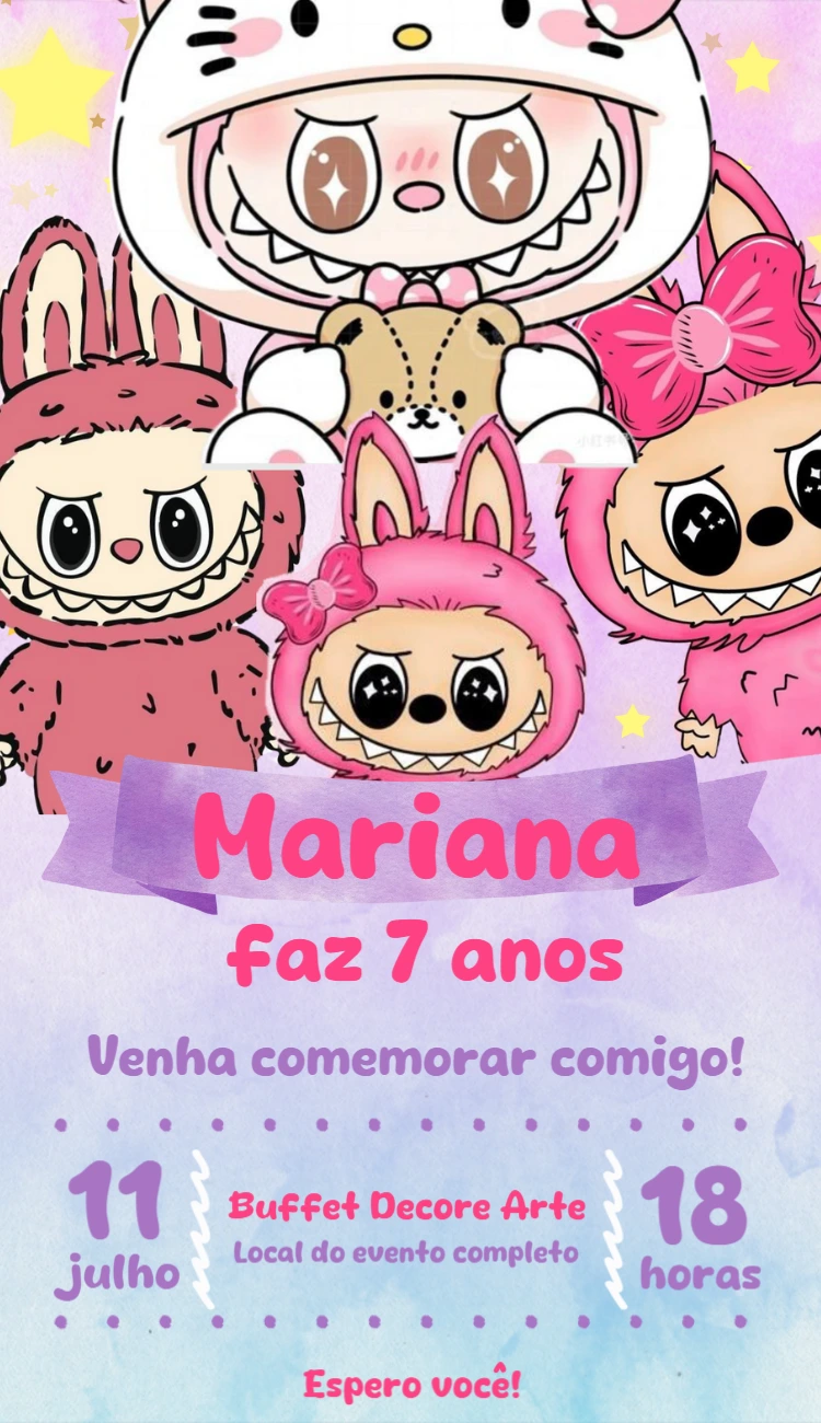 Convite de Aniversário Tema Labubus Editável Online