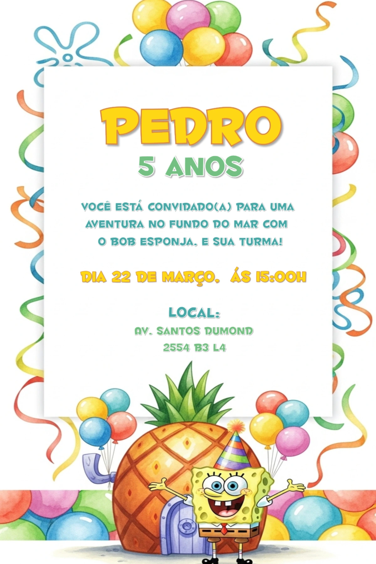 Convite Aniversário Bob Esponja Editável para Imprimir