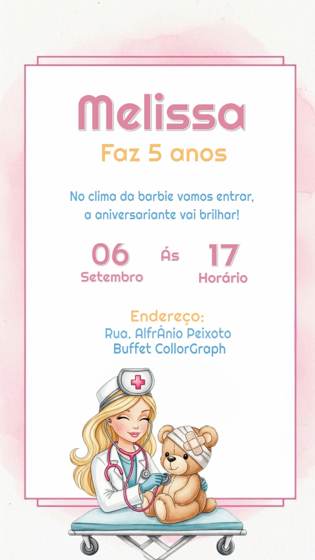 Convite Aniversário Barbie Doutora para Editar Online