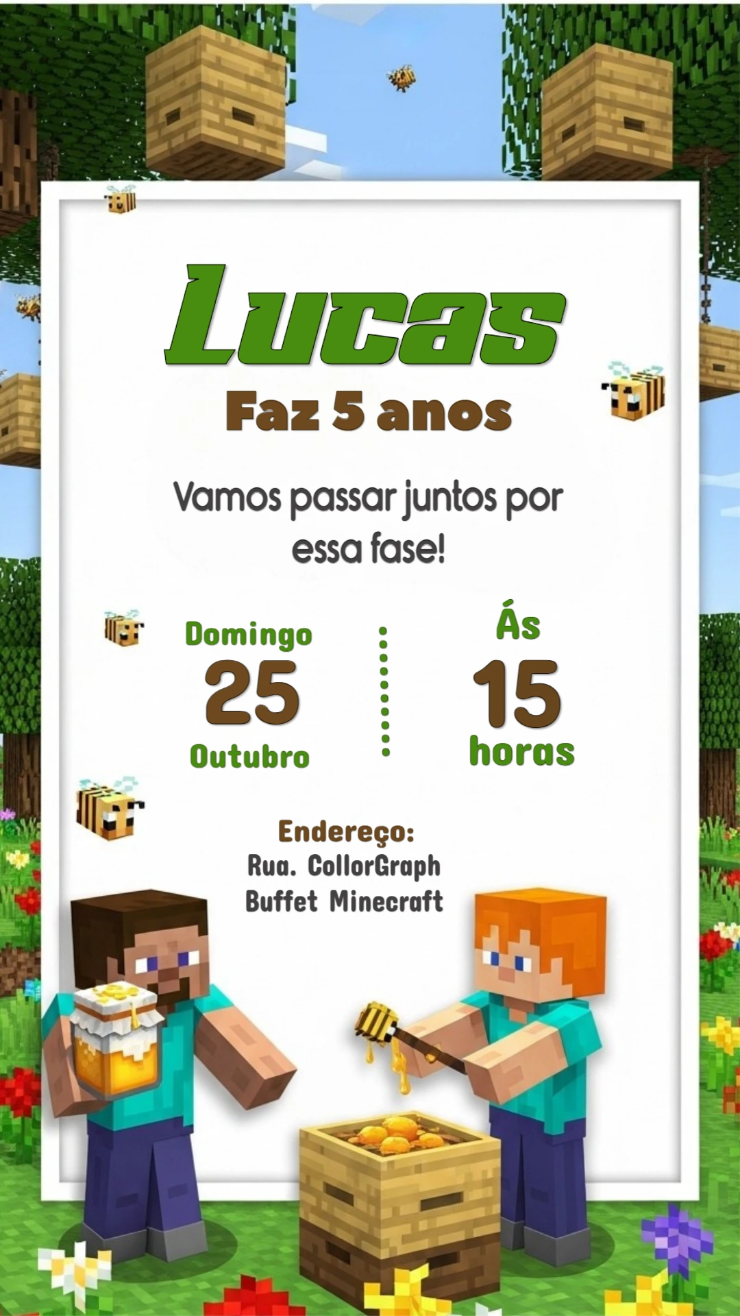 Convite Aniversário Minecraft Abelhas para Editar e Imprimir