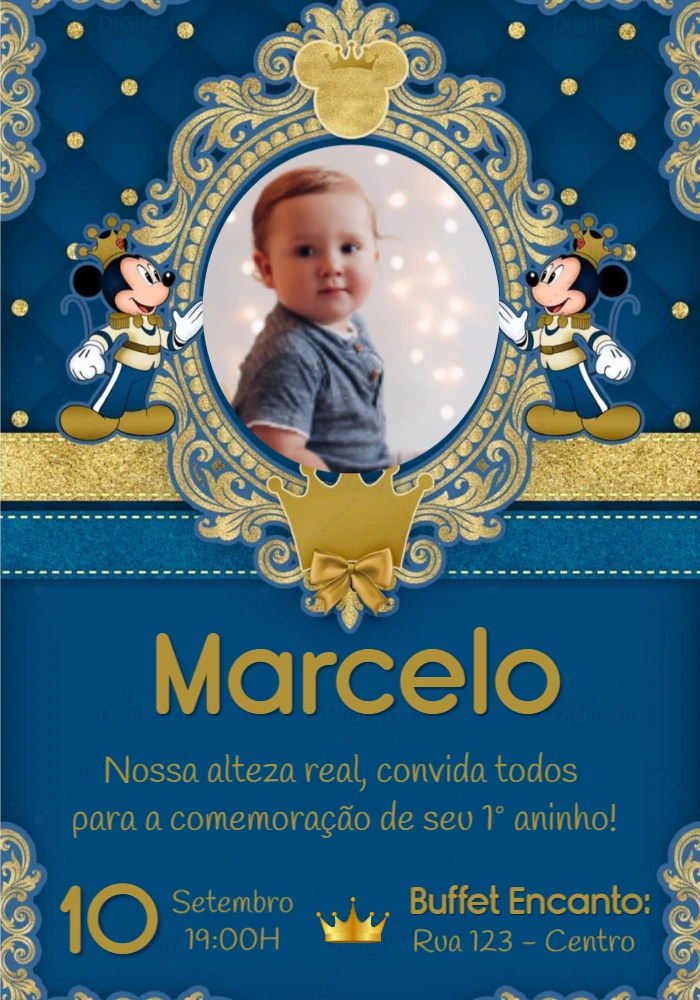 Convite Aniversário Mickey Realeza com Foto para Editar