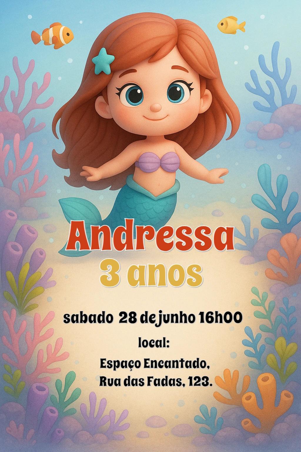 Convite Aniversário Sereia Fundo do Mar para Editar Online