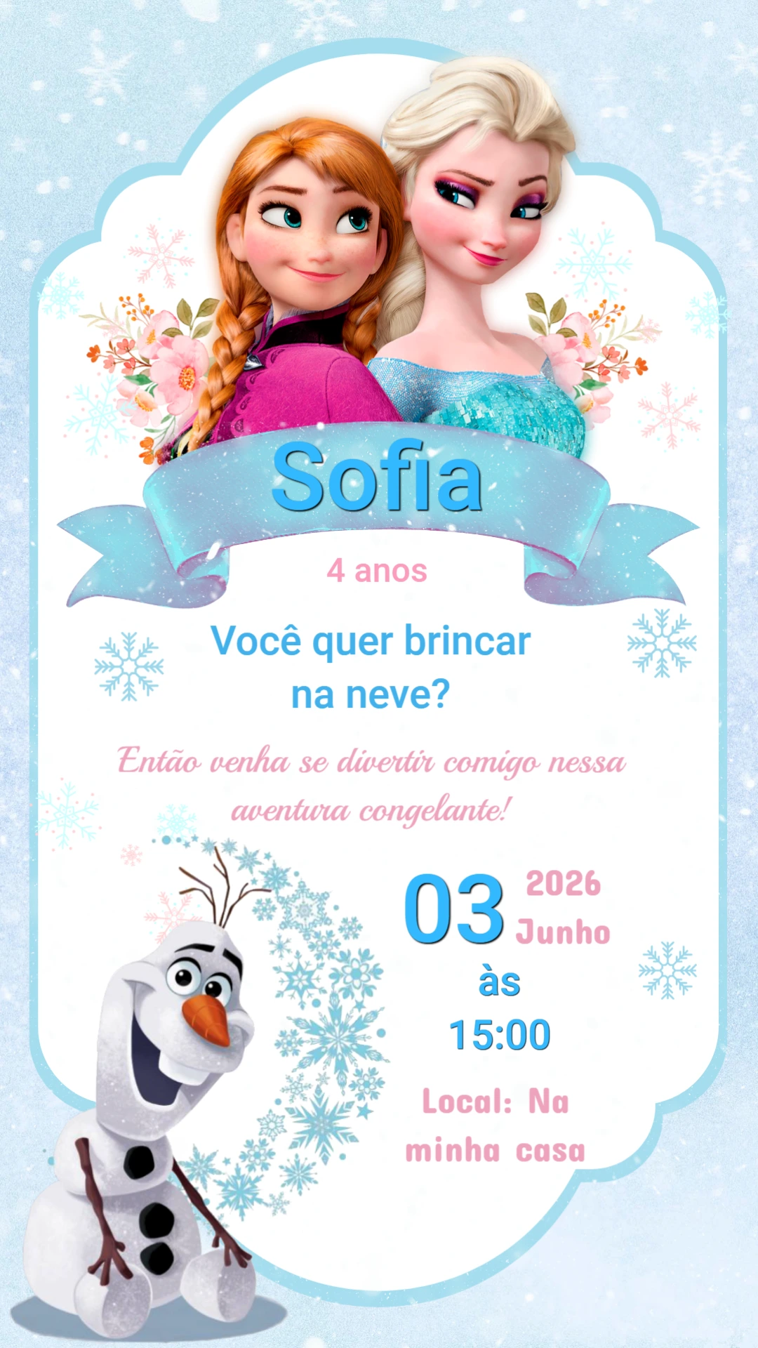 Convite de Aniversário Frozen Azul e Delicado para Editar