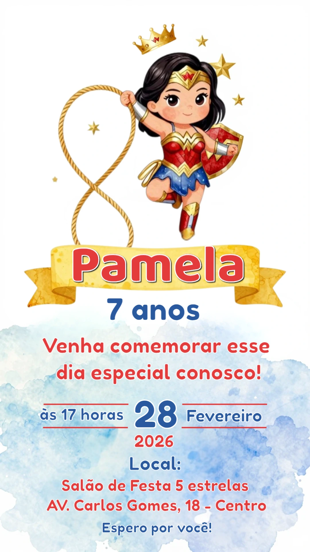 Convite Digital Mulher Maravilha Infantil para Editar