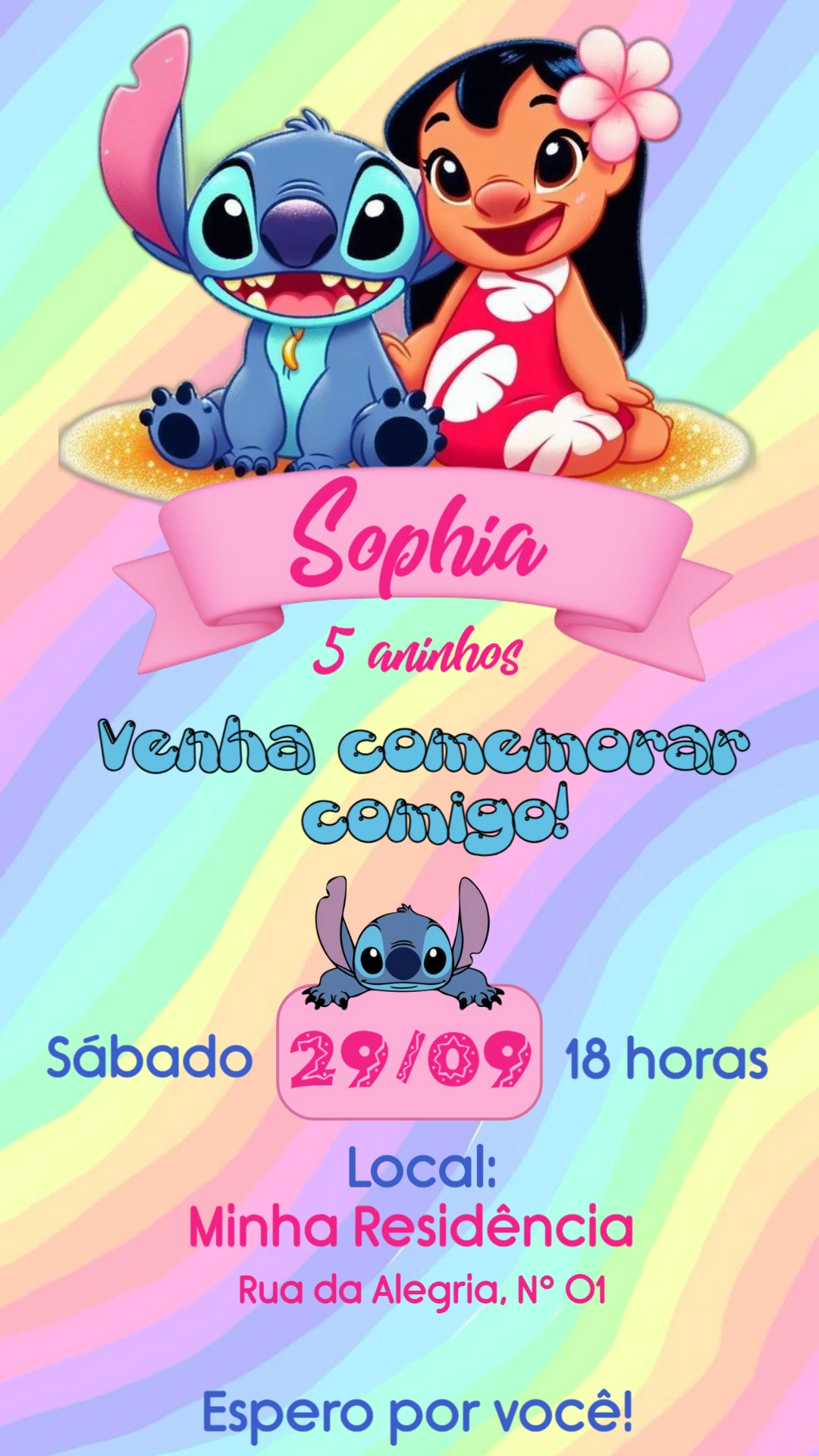 Convite de Aniversário Lilo e Stitch para Editar Online