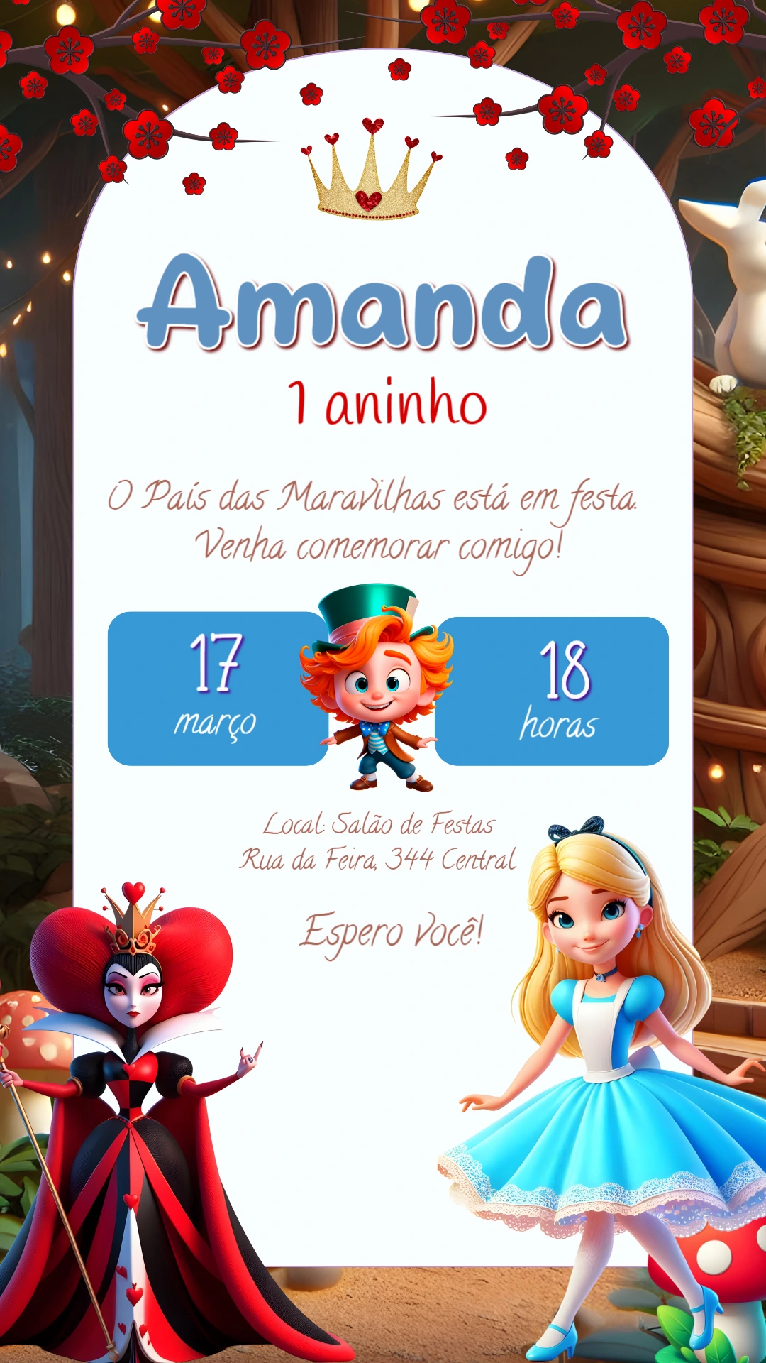 Convite Aniversário Alice no País das Maravilhas para Editar