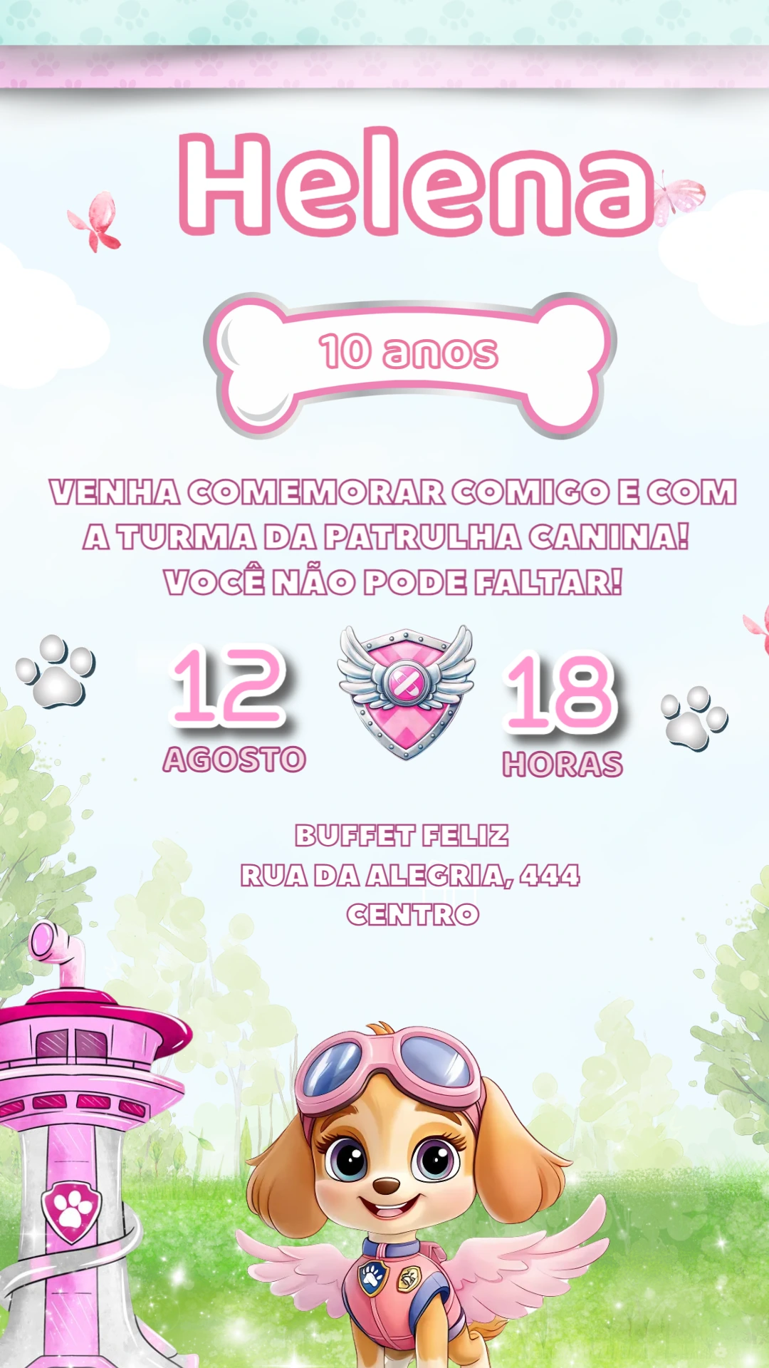 Convite de Aniversário Skye Patrulha Canina para Editar Online
