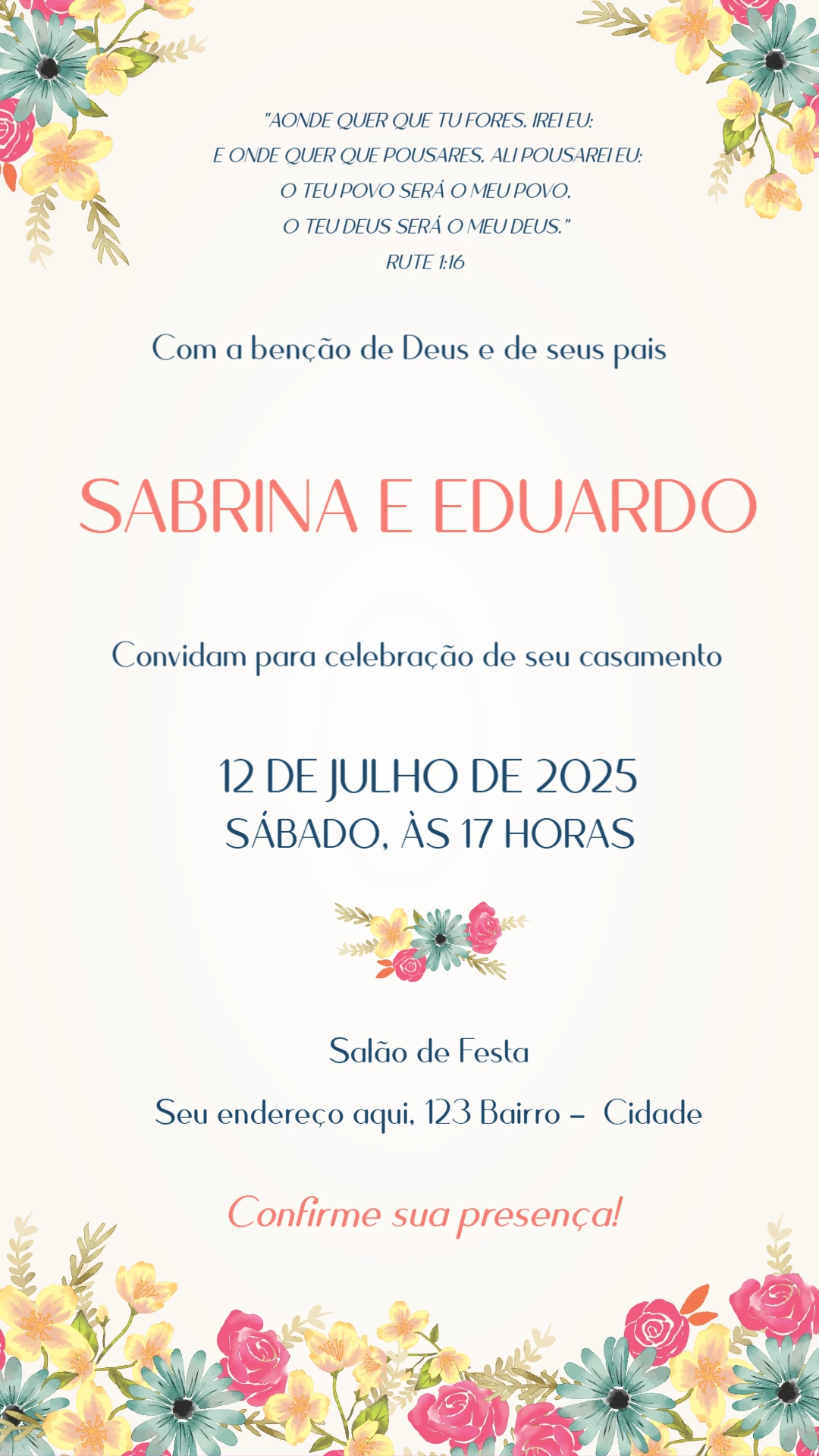 Convite de Casamento Floral Romântico para Editar Online