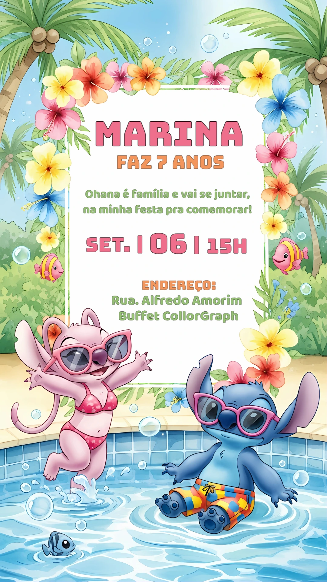 Convite Aniversário Stitch e Angel na Piscina para Editar Online