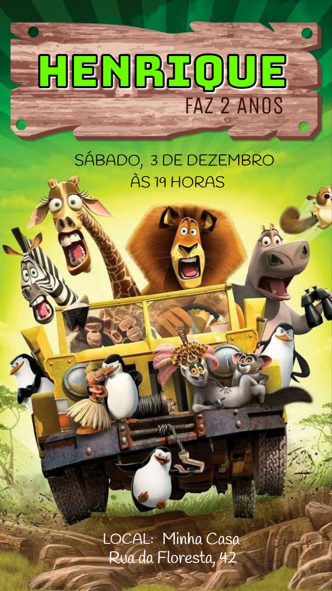 Convite de Aniversário Infantil Madagascar para Editar Online