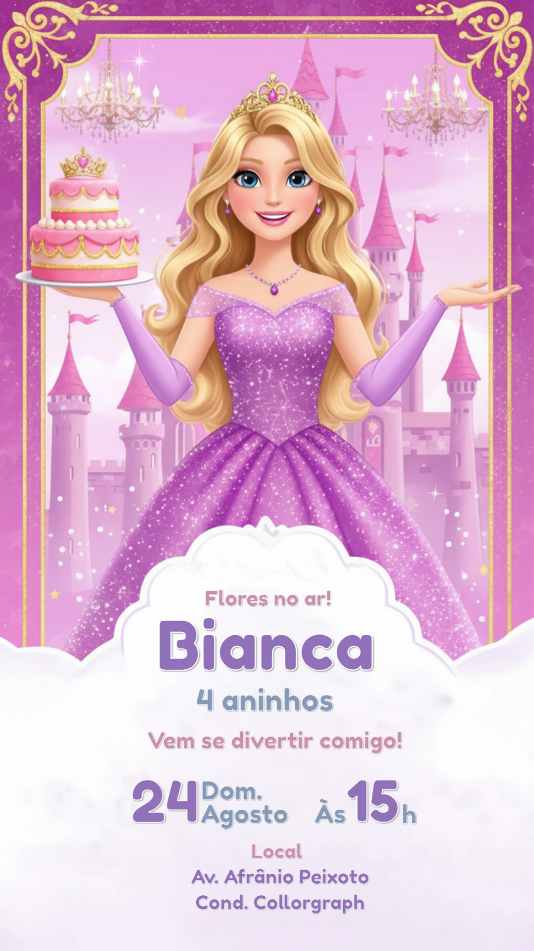 Convite de Aniversário Princesa com Castelo Roxo para Editar