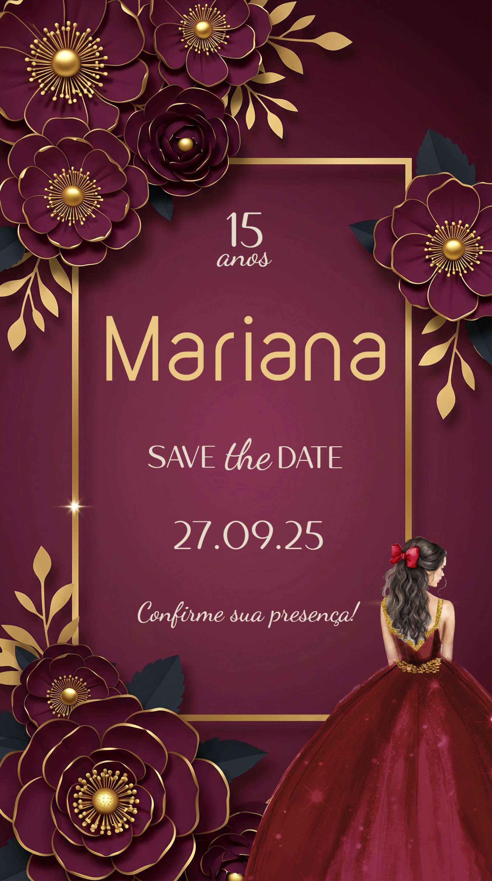 Convite Digital 15 Anos Elegante Marsala e Dourado para Editar