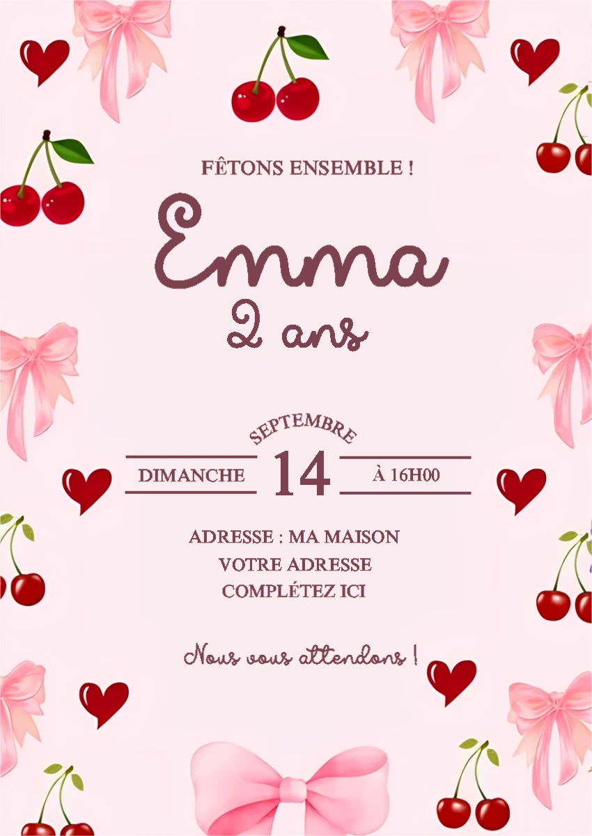 Invitation Anniversaire Thème Cerise à Modifier en Ligne