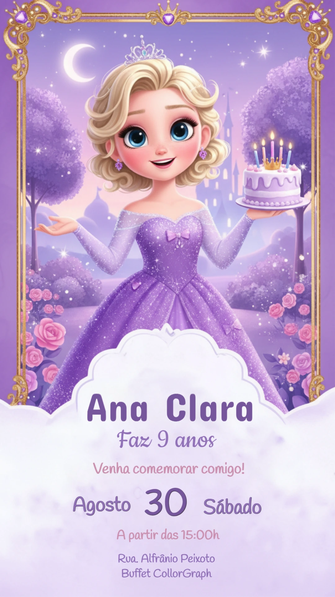 Convite Digital Aniversário Princesa Loira em Lilás Editável