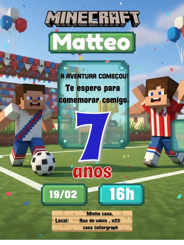 Convite Aniversário Minecraft Futebol para Editar Online
