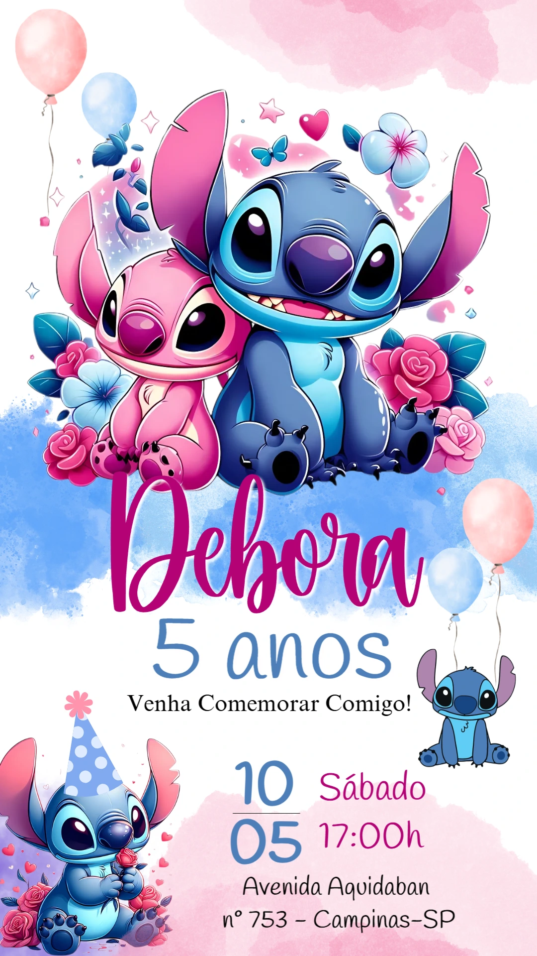 Convite de Aniversário Stitch e Angel para Editar Online