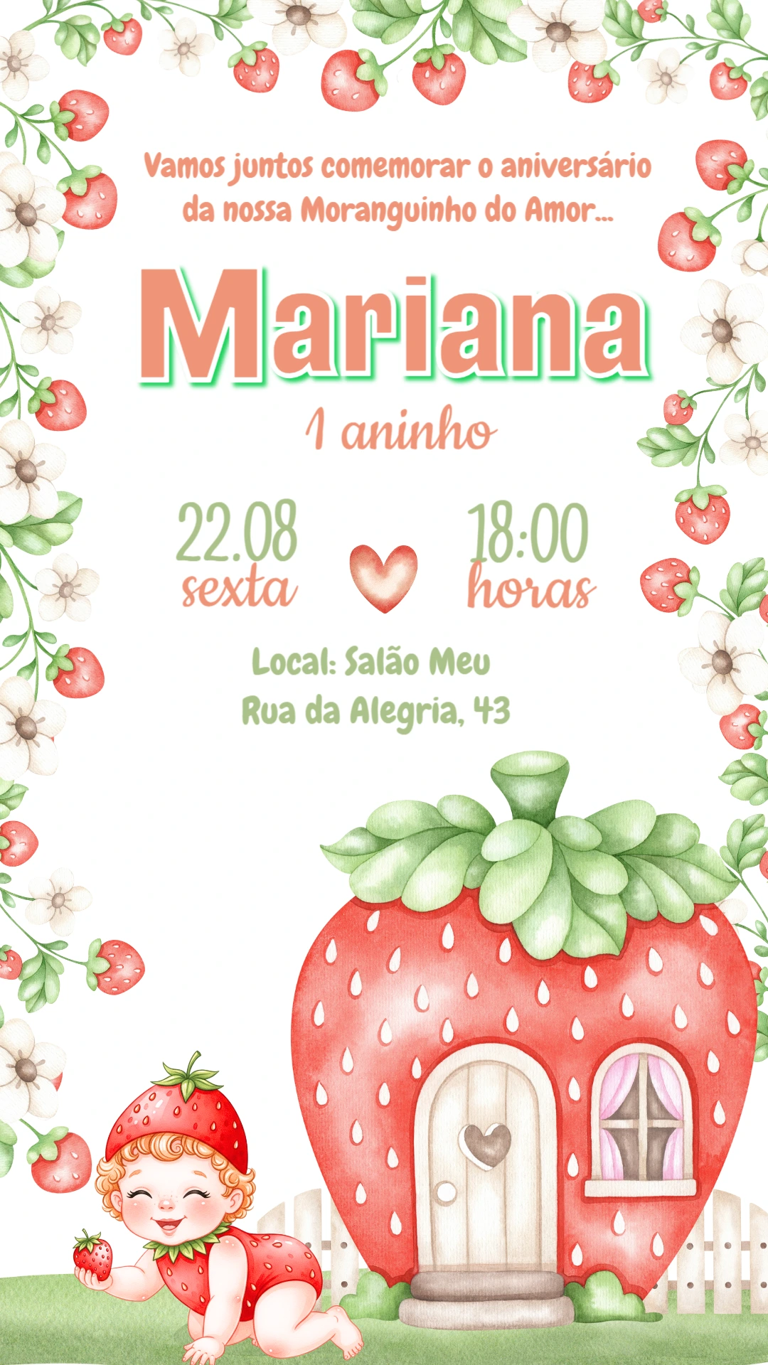 Convite de Aniversário Moranguinho Fofo para Editar Online