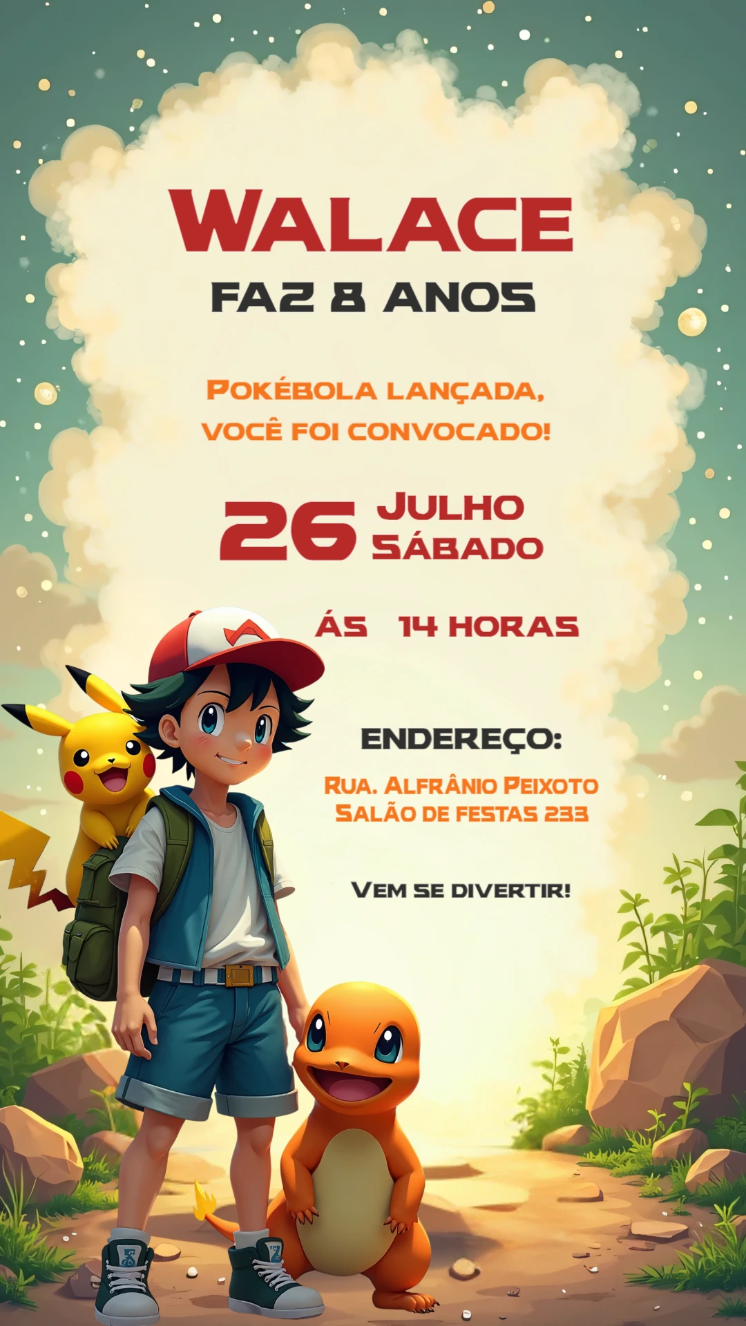 Convite de Aniversário Pokémon com Ash e Pikachu para Editar