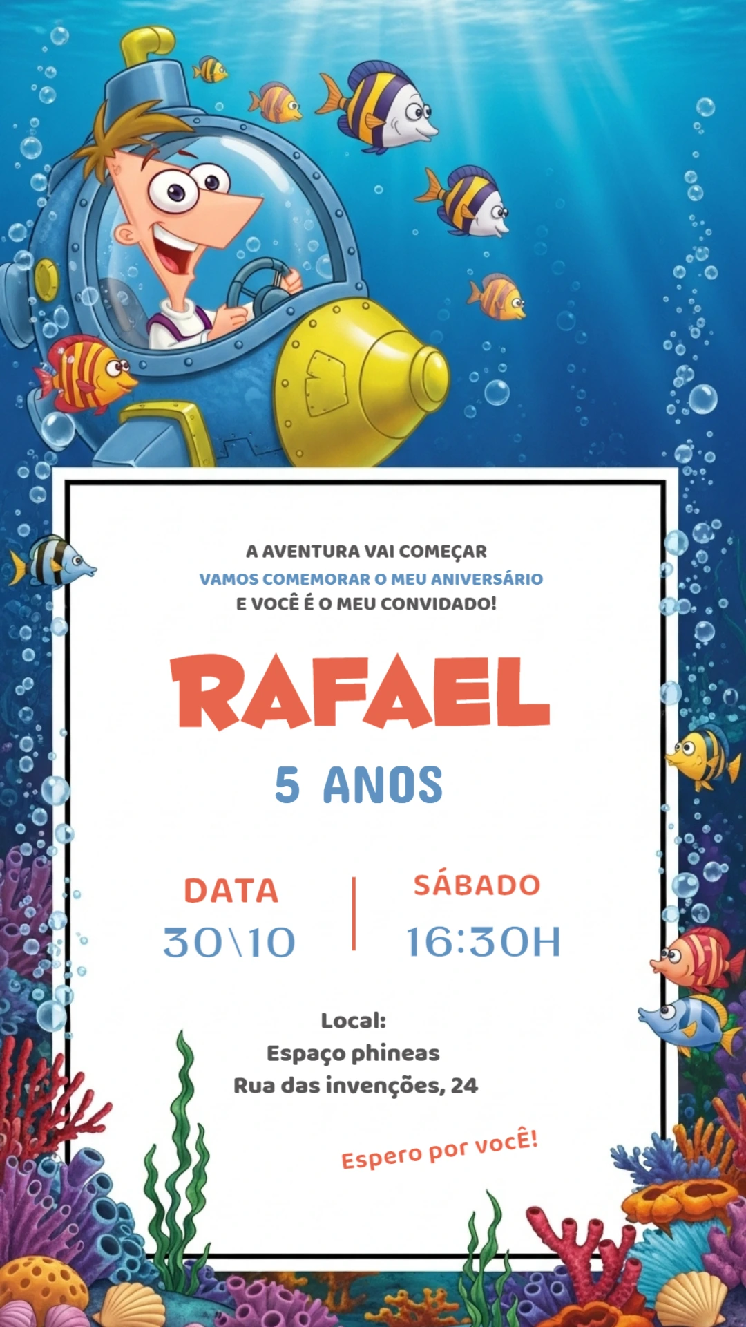 Convite de Aniversário Phineas Editável Online para Imprimir