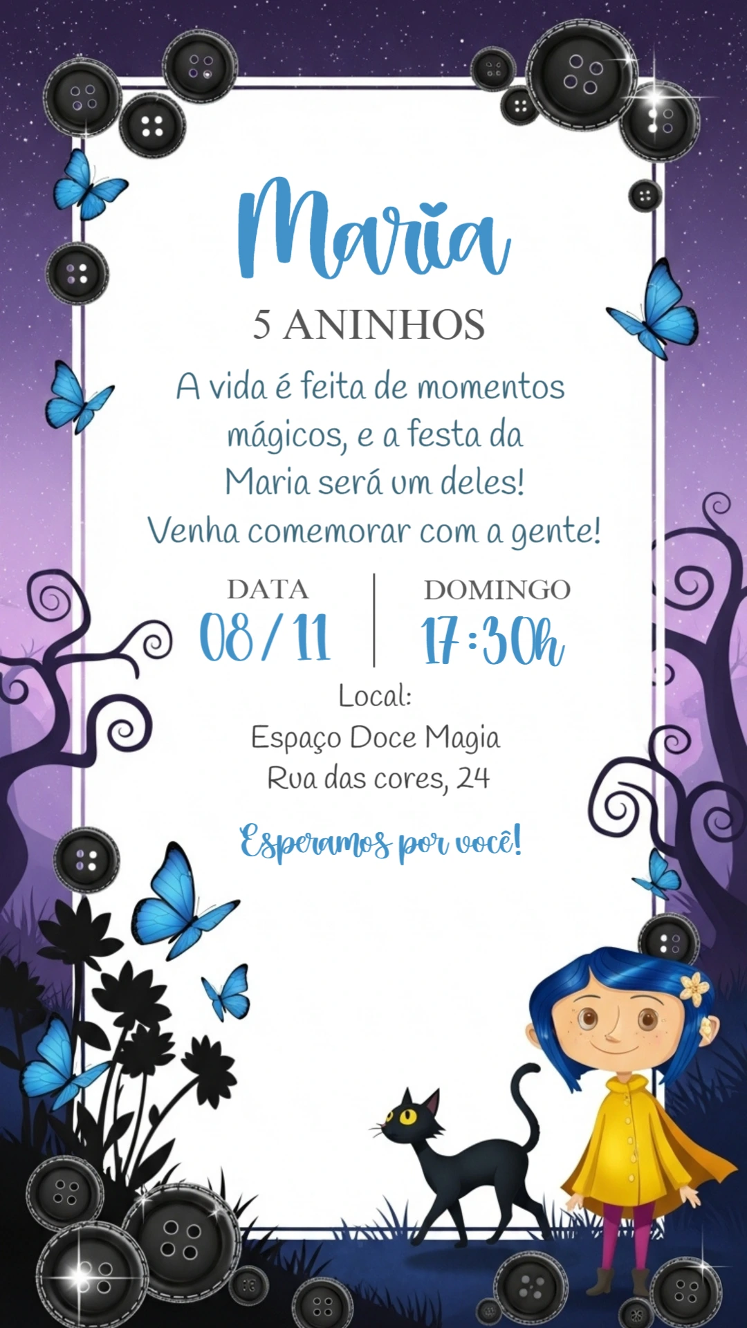 Convite de Aniversário Coraline Misterioso para Editar Online