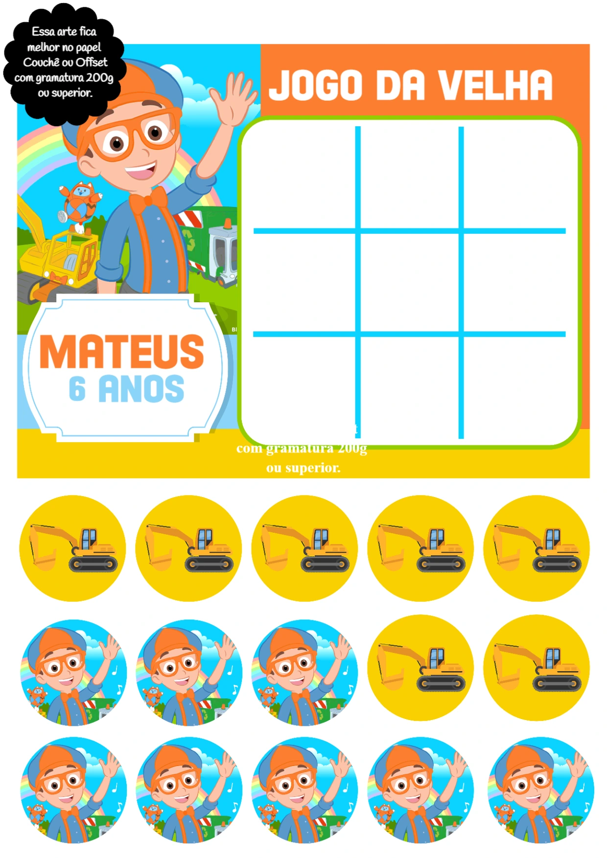 Jogo da Velha Blippi Editável para Lembrancinha de Festa