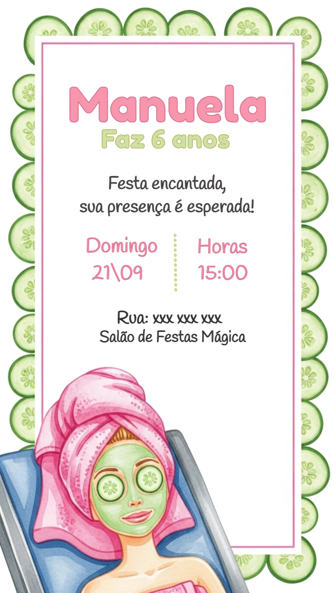 Convite Aniversário Spa Menina para Editar Online