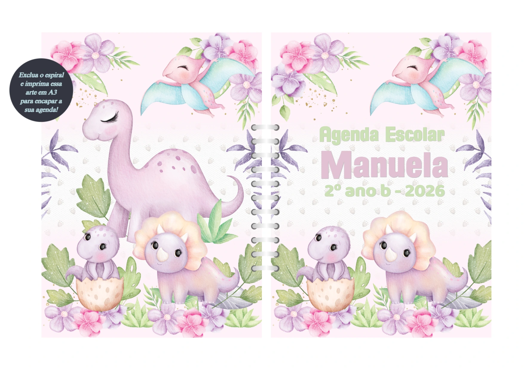 Agenda Escolar Dinossauros Rosa Editável para Imprimir