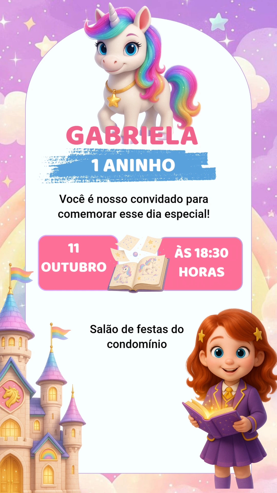 Convite de Aniversário Unicórnio Mágico e Castelo Editável