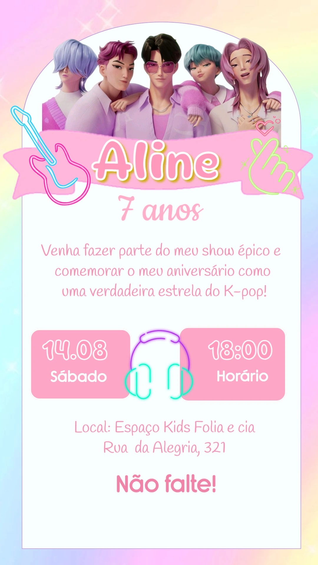 Convite de Aniversário K-Pop com Grupo Musical para Editar