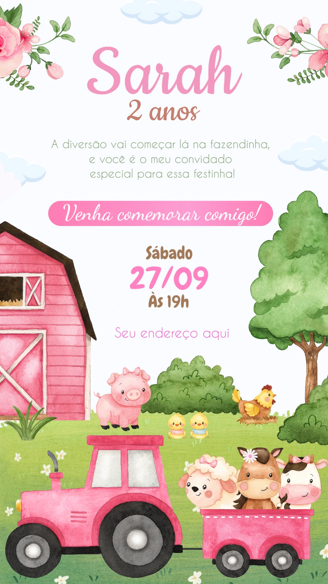 Convite Aniversário Fazendinha Rosa para Editar Online