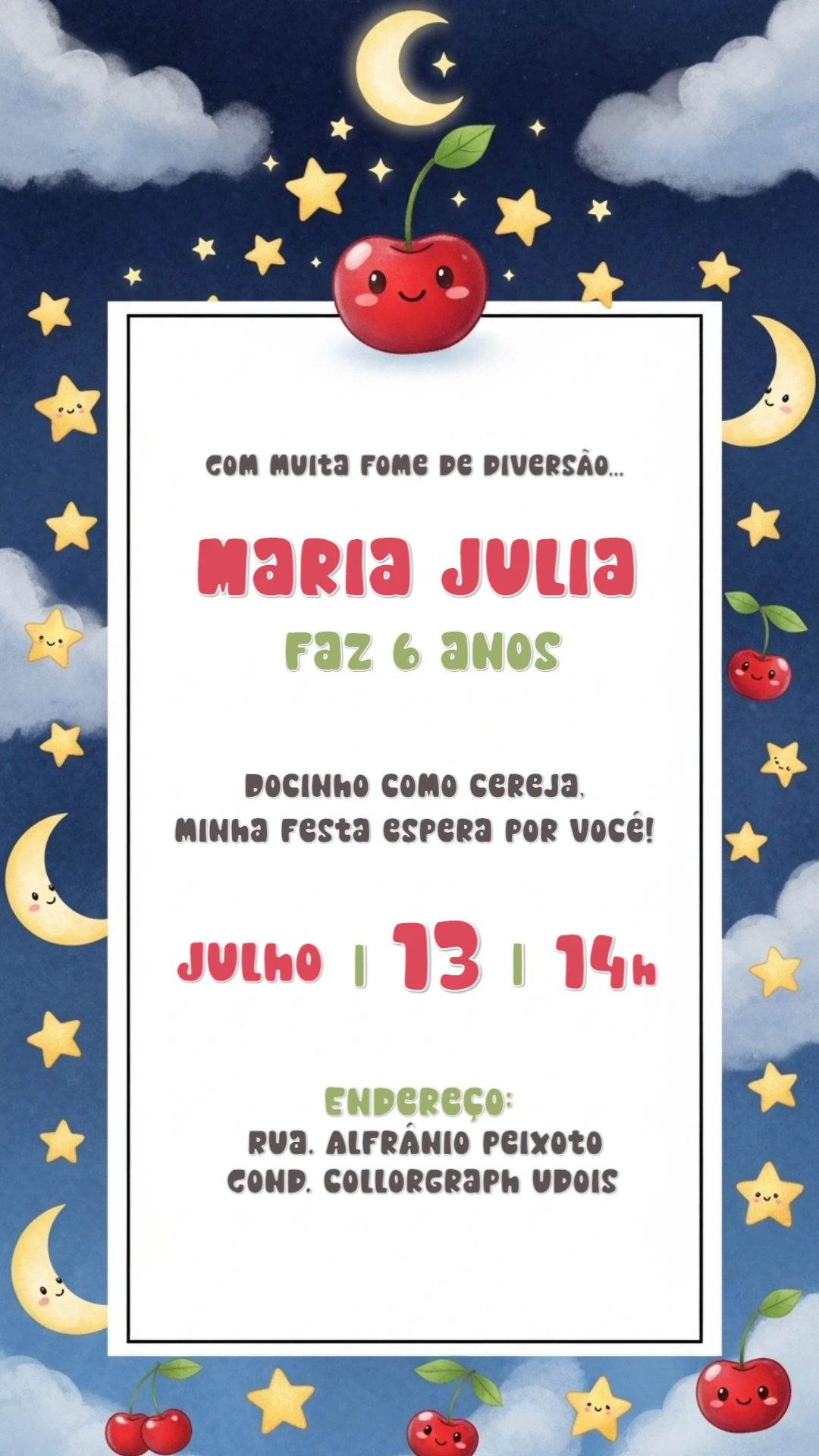 Convite de Aniversário Cereja Fofa para Editar Online