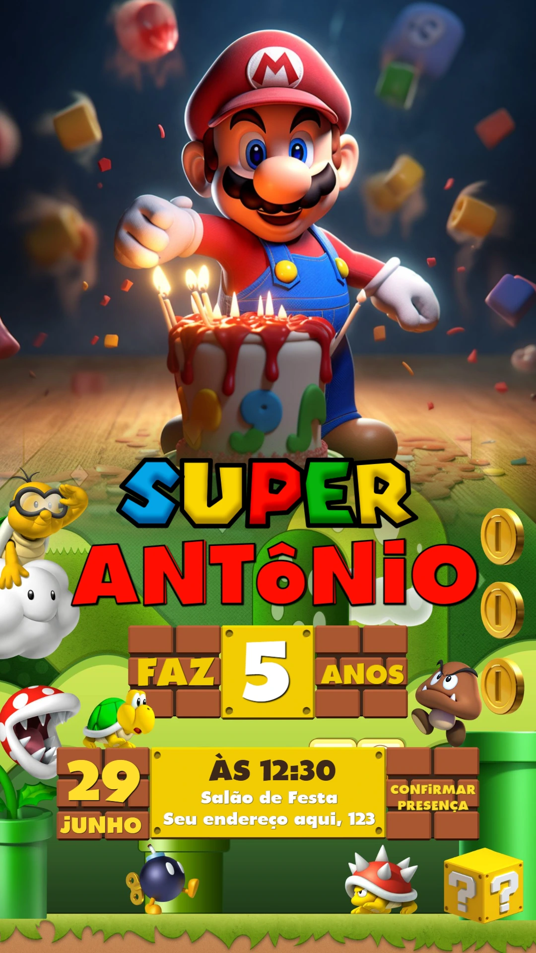 Convite Aniversário Super Mario Bros 3D para Editar Online