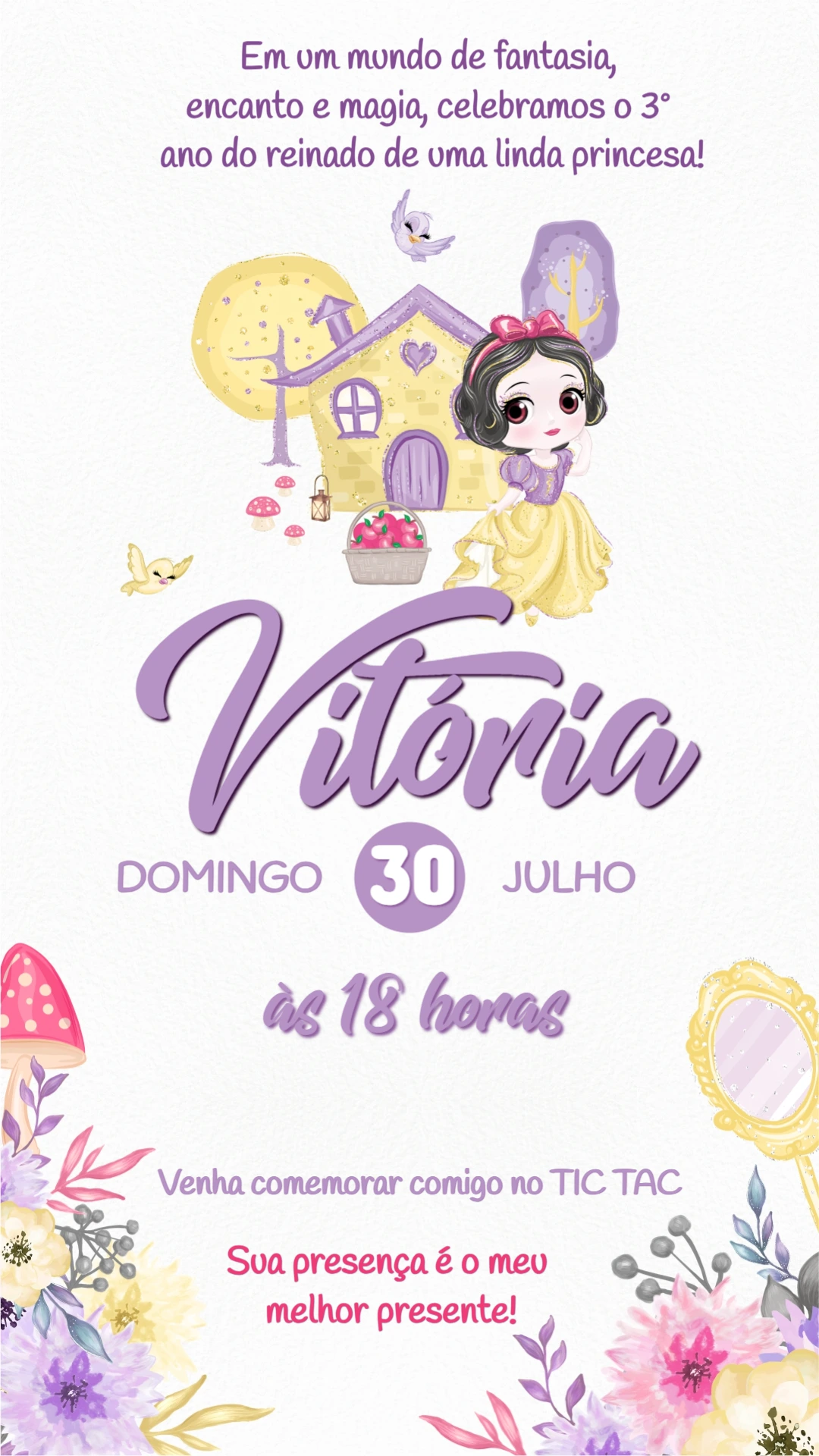 Convite Aniversário Branca de Neve Fofa para Editar Online