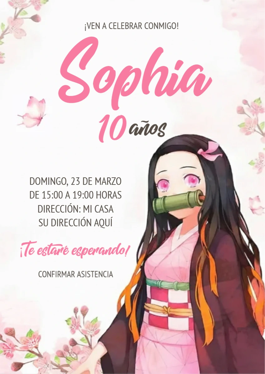 Invitación de Cumpleaños Nezuko Demon Slayer Editable