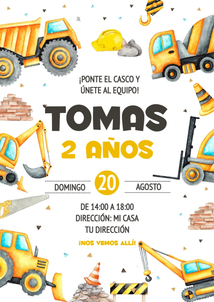 Invitación de Cumpleaños Construcción para Editar y Enviar
