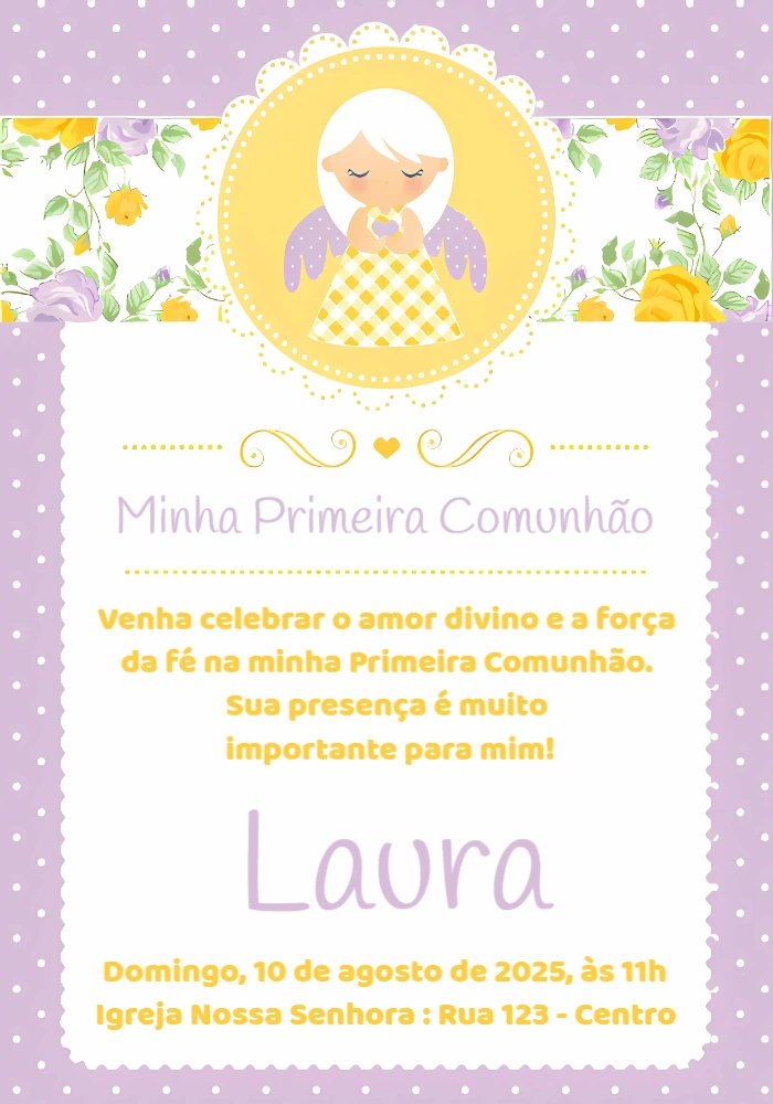 Convite Primeira Comunhão Menina Anjinha para Editar Online