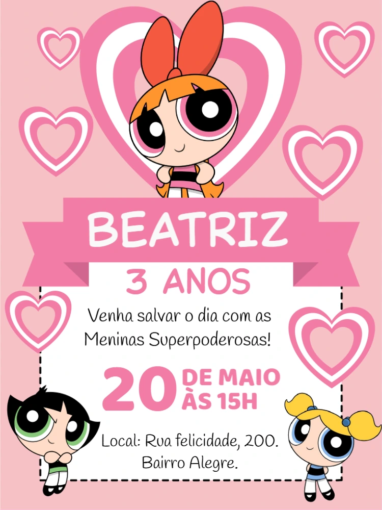 Convite de Aniversário Meninas Superpoderosas para Editar Online