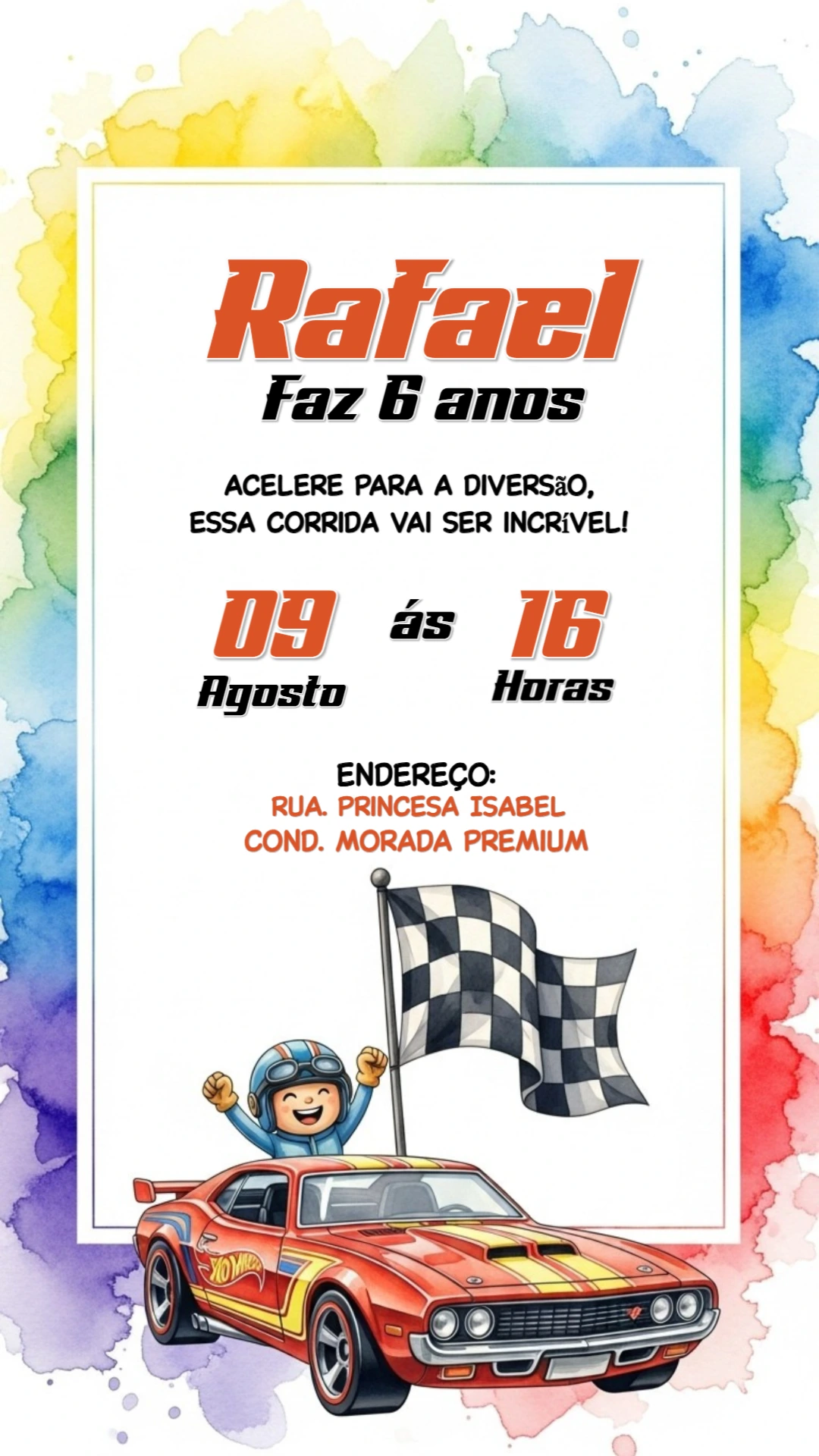 Convite de Aniversário Hotwheels Carros de Corrida para Editar