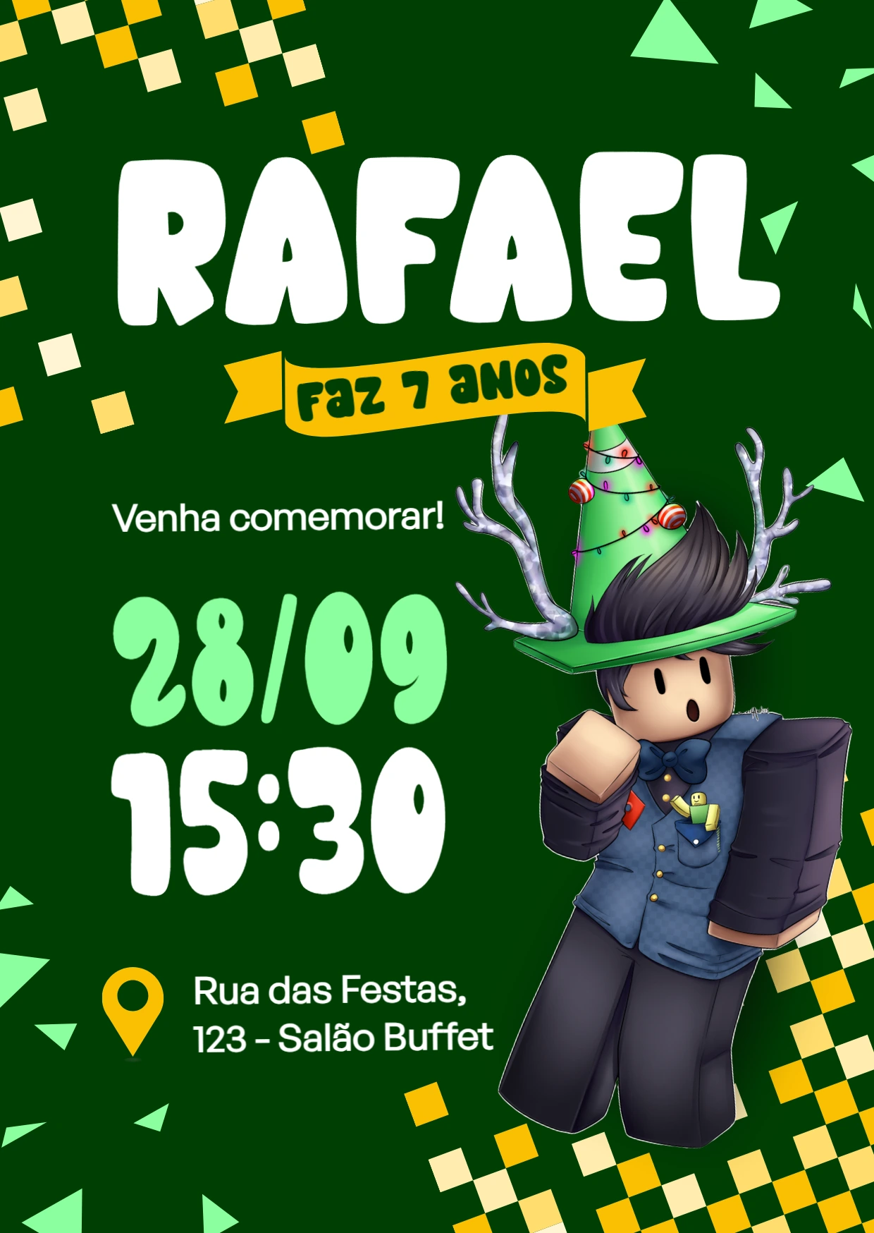 Convite de Aniversário Roblox com Avatar para Editar Online