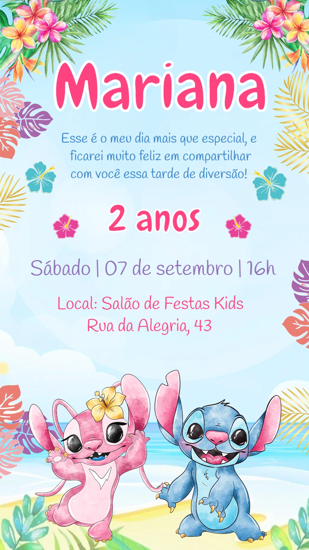 Convite Aniversário Stitch e Angel Tropical para Editar Online