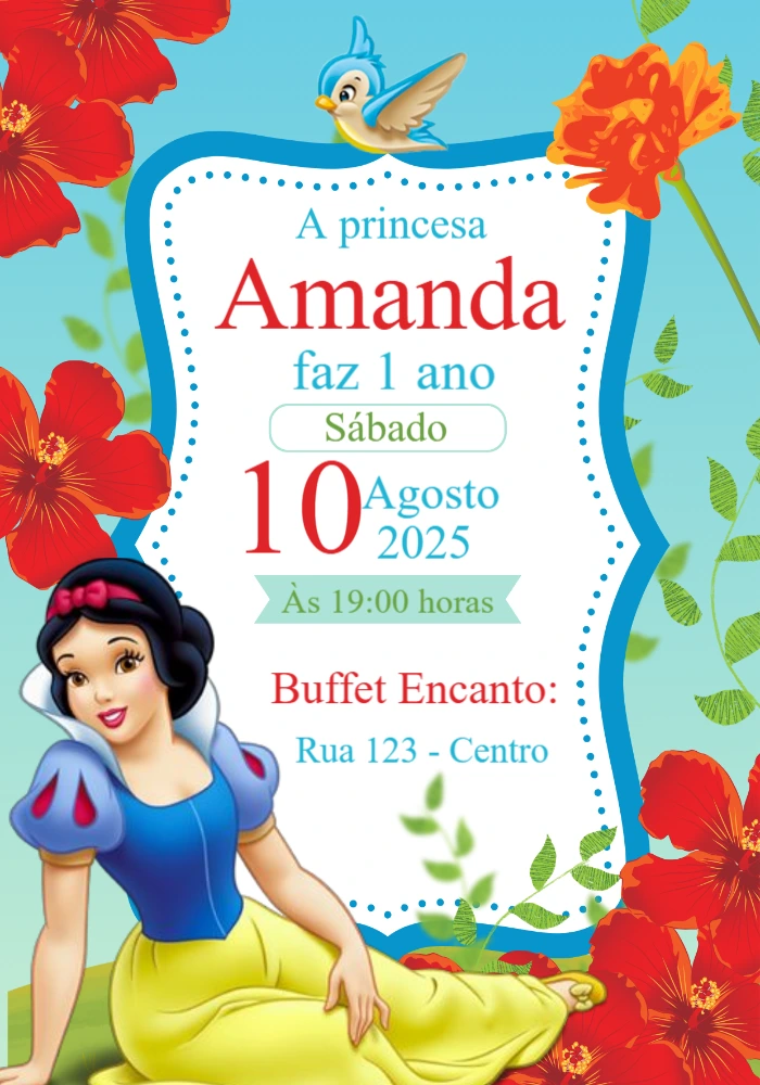 Convite Aniversário Branca de Neve Clássico para Editar Online